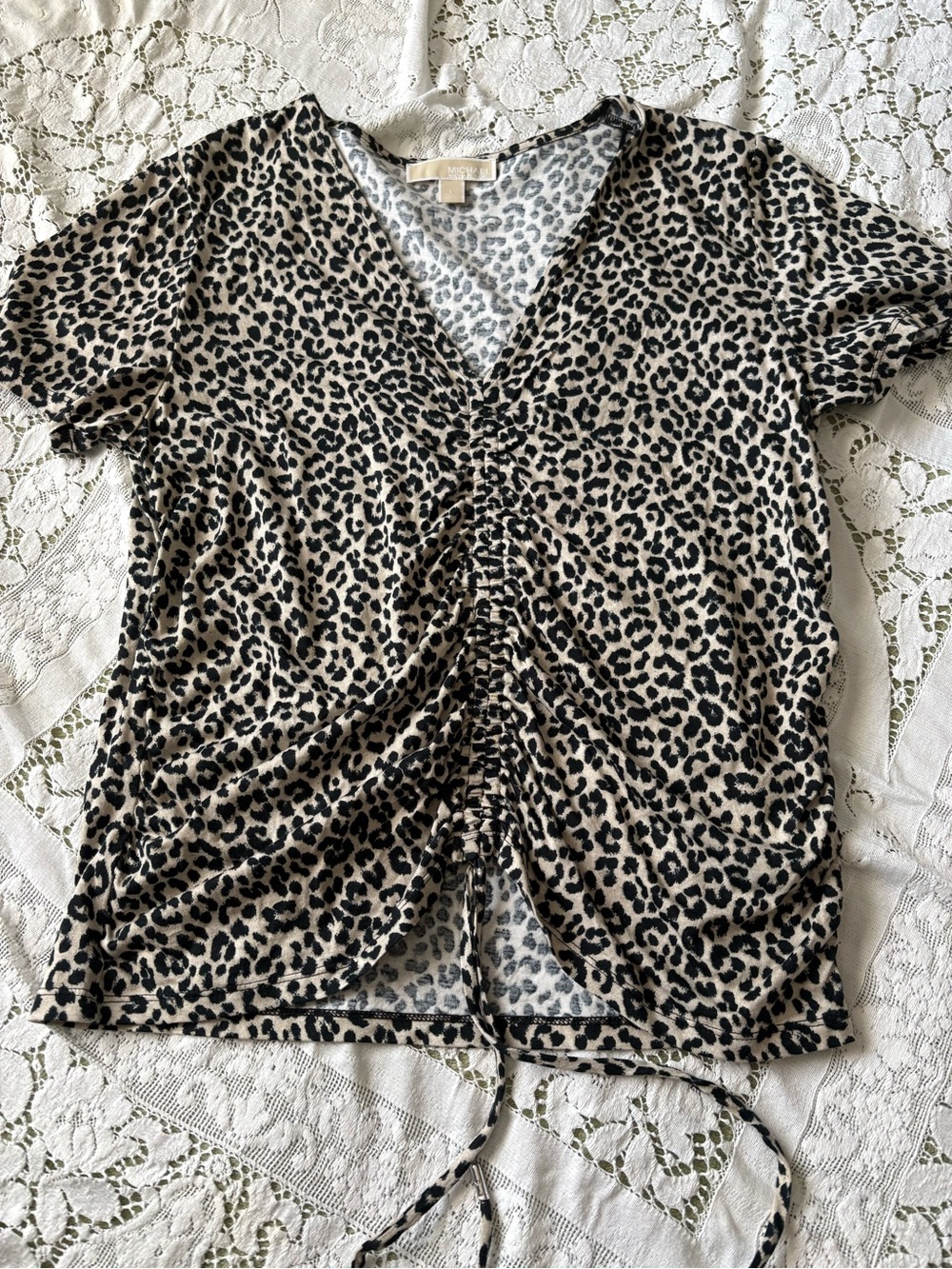 Michael Kors Beige and Black Leopard Ruched V-Neck Short Sleeve Top